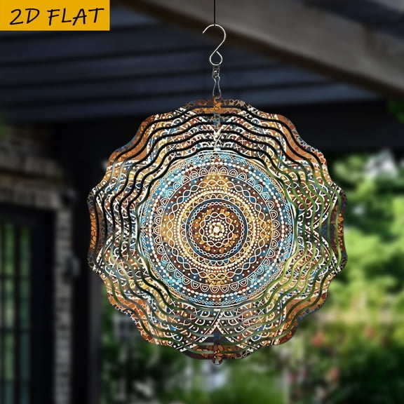 HELLOYOUNG 10inch Flat Metal Mandala Garden Wind Chime with 360° Rotating Hook, Vibrant Earth Tones All-Season Outdoor Decor for Patio, Yard & Lawn Care Patio Accessory Holiday decorations