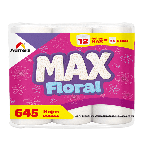 Papel Higiénico Aurrera Max Floral 12 rollos 645 hojas dobles