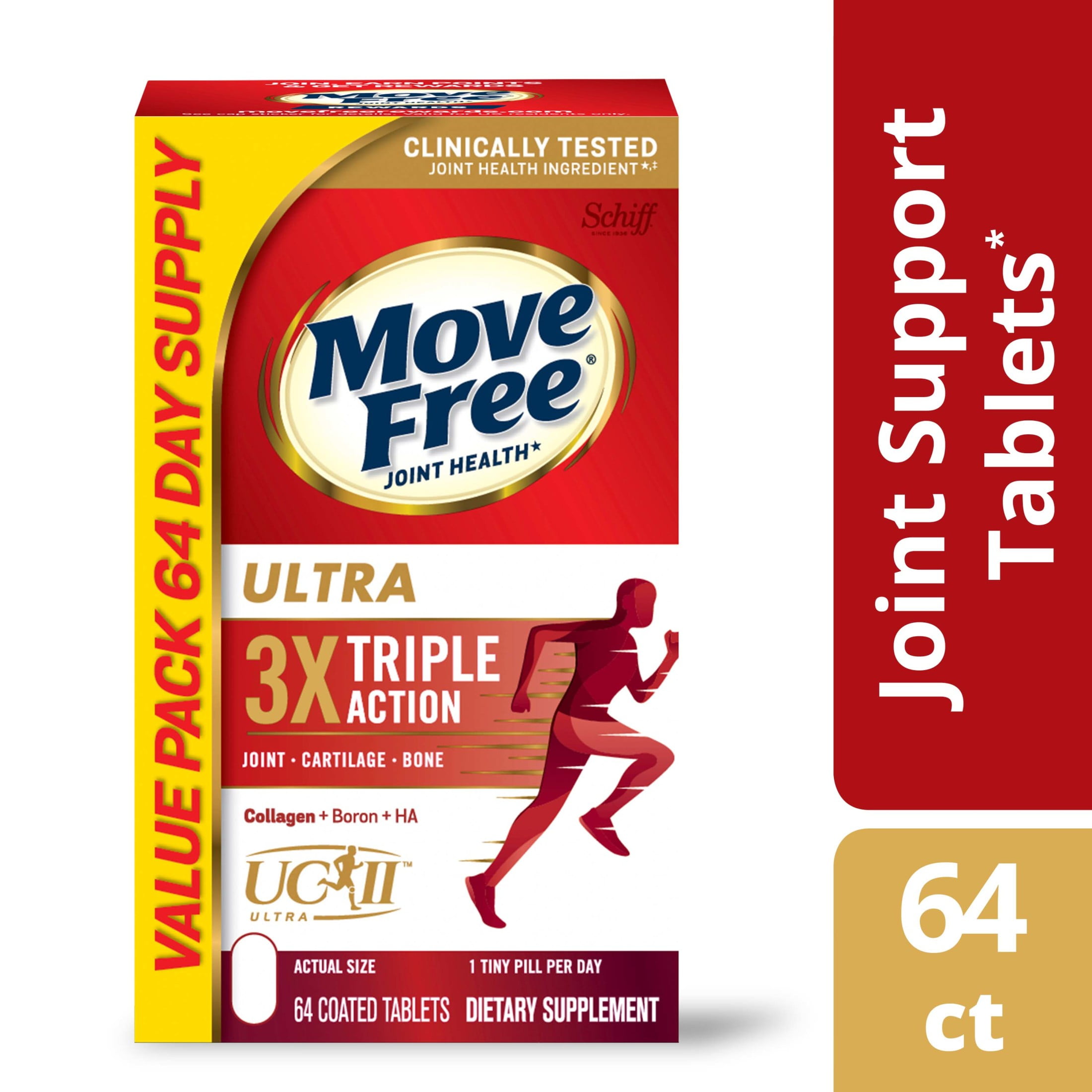 (3 pack) Move Free Ultra Triple Action, Joint Health Supplement with Type II Collagen, Boron and HA, 64 Tablets