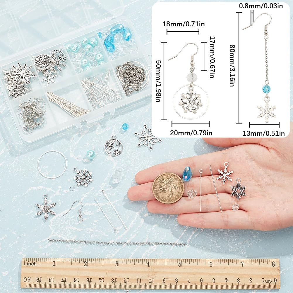 DIY 10Pairs Christmas Charms Earrings Making Kit Antique Silver Snowflake Charms Winter Blue Faceted Glass Beads Linking Rings Dangle Earring Hooks