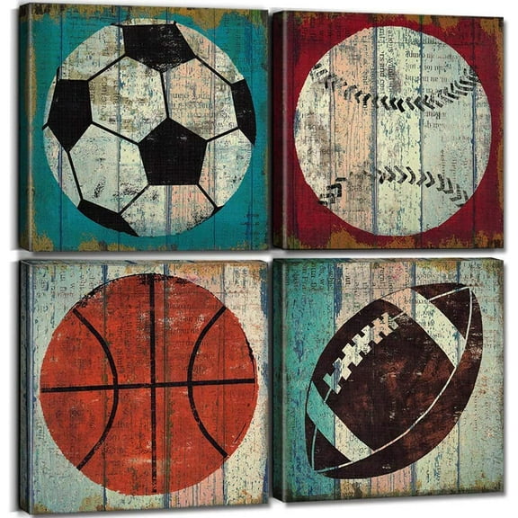 Vintage Sports Wall Art Baseball Soccer Football Basketball Poster for Kids Nursery Bedroom Teen Boys Room Decor Rustic Sports Theme Balls Pictures Canvas Toddler Artwork Living Room 16x16" 4Pcs