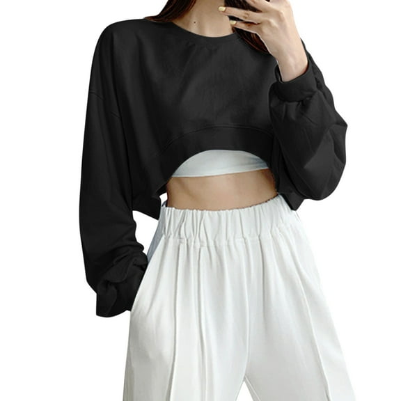 FEIFLY Womens Casual Solid Color Long Sleeve Loose Round Neck Crop Tops Sweatshirt Tops Pullover Comfort Winter Autumn Workout Streetwear