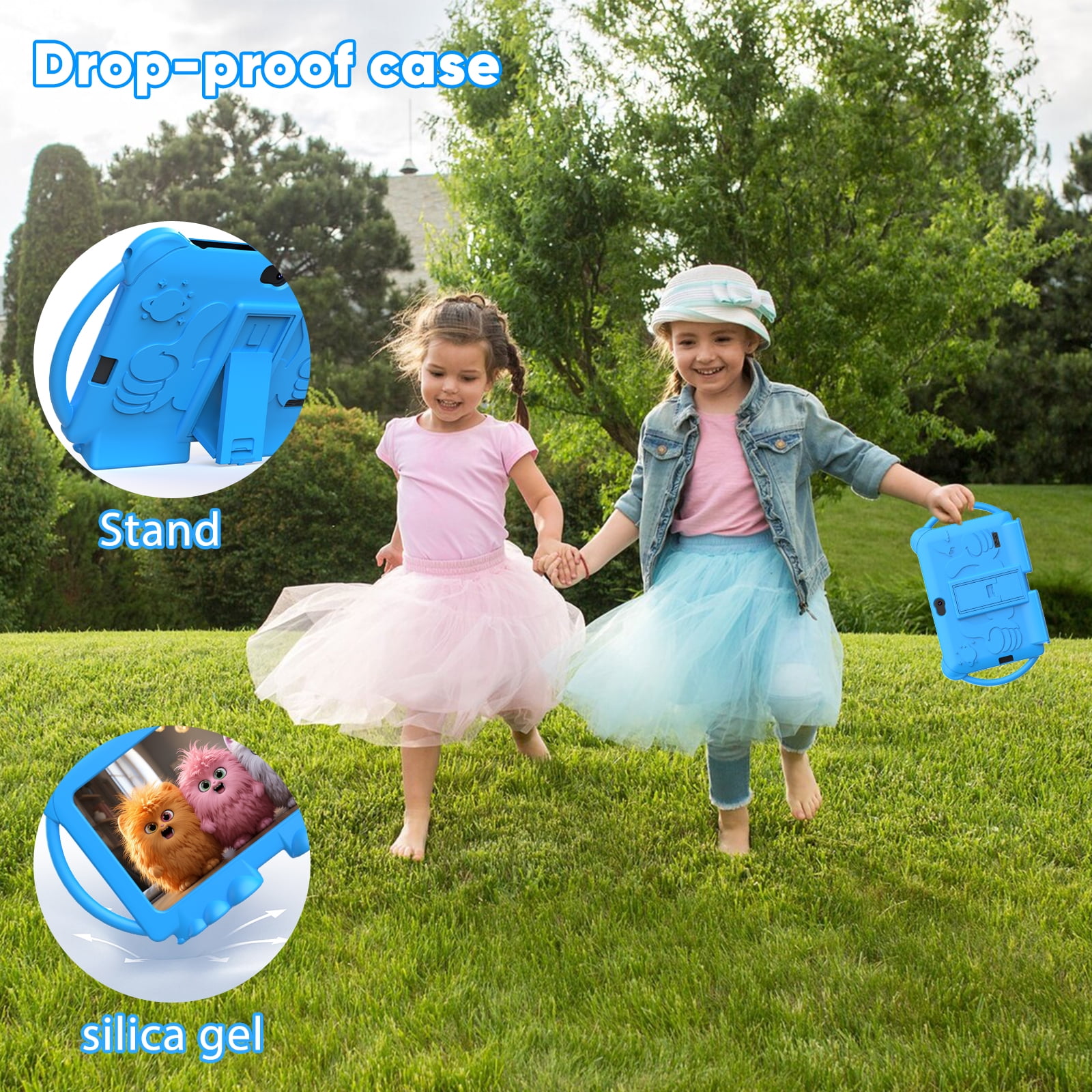 Kids Tablets 7 inch Android 12, 4GB RAM 32GB ROM, 512GB Expandable, with Parental Control, Google Certified, WiFi, Bluetooth, Dual Camera with Silicone Case(Blue)