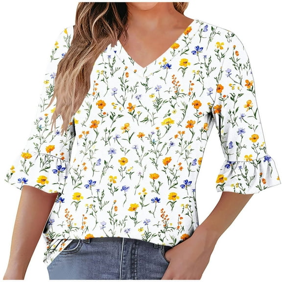 SHE IS Womens 3/4 Sleeve Tops, Fall Shirts for Women Plus Size Womens Crop Tops Loose Blouses for Women Dressy Casual Xxl Vintage Shirts for Women 1950s