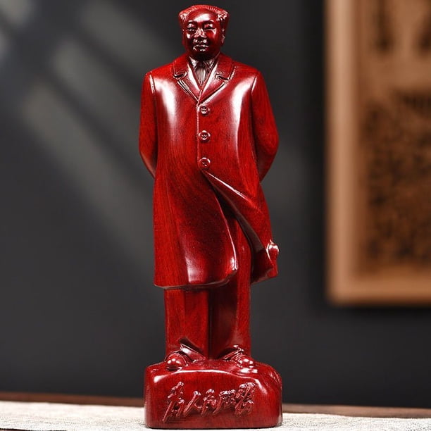 Red wood carving of a full-body statue of Chairman Mao, suitable for living room or office decoration, or as a gift for leaders or elders.
