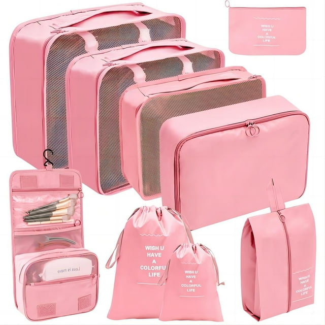 Juego de 9 Cubos de Embalaje, Organizadores de Viaje con Bolsa Grande para Artículos de Tocador para Ropa y Zapatos, Rosa