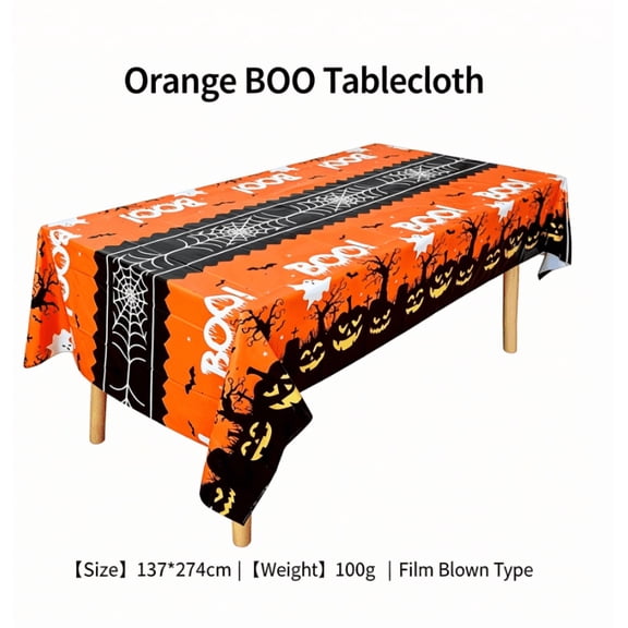 Halloween Tablecloth 2-Pack, Orange Pumpkin BOO Plastic Table Cover Disposable for Party Decor, Spooky Ghost Bat Tablecloth for Outdoor Indoor Halloween Party Supplies