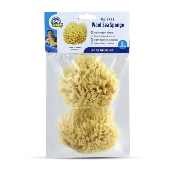 Baby Buddy Natural Baby Bath Sponge 4in Ultra Soft Premium Sea Wool Sponge Soft on Tender Baby Skin, Biodegradable, 2pk