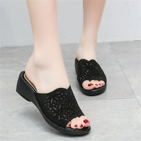 

YTJX Fashion Spring And Summer Women Sandals Hollow Rhinestone Open Toe Wedge Slippers