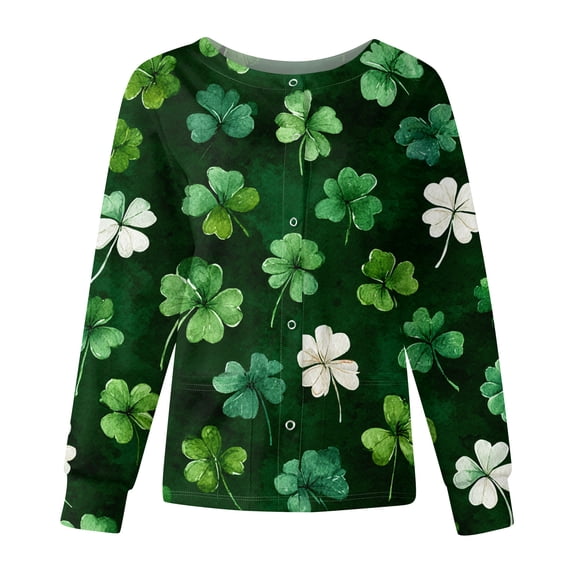 yuCgh Women's Long Sleeve Nursing Jacket with Stand Collar, Single Breasted St. Patrick's Day Print, Casual Work Uniform Top,Army Green L