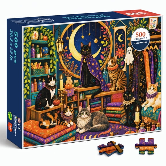 PUZZOSCARS Moonlit Cat Boutique 500 Pieces Jigsaw Puzzle for Adults, 20.5 x 15 in