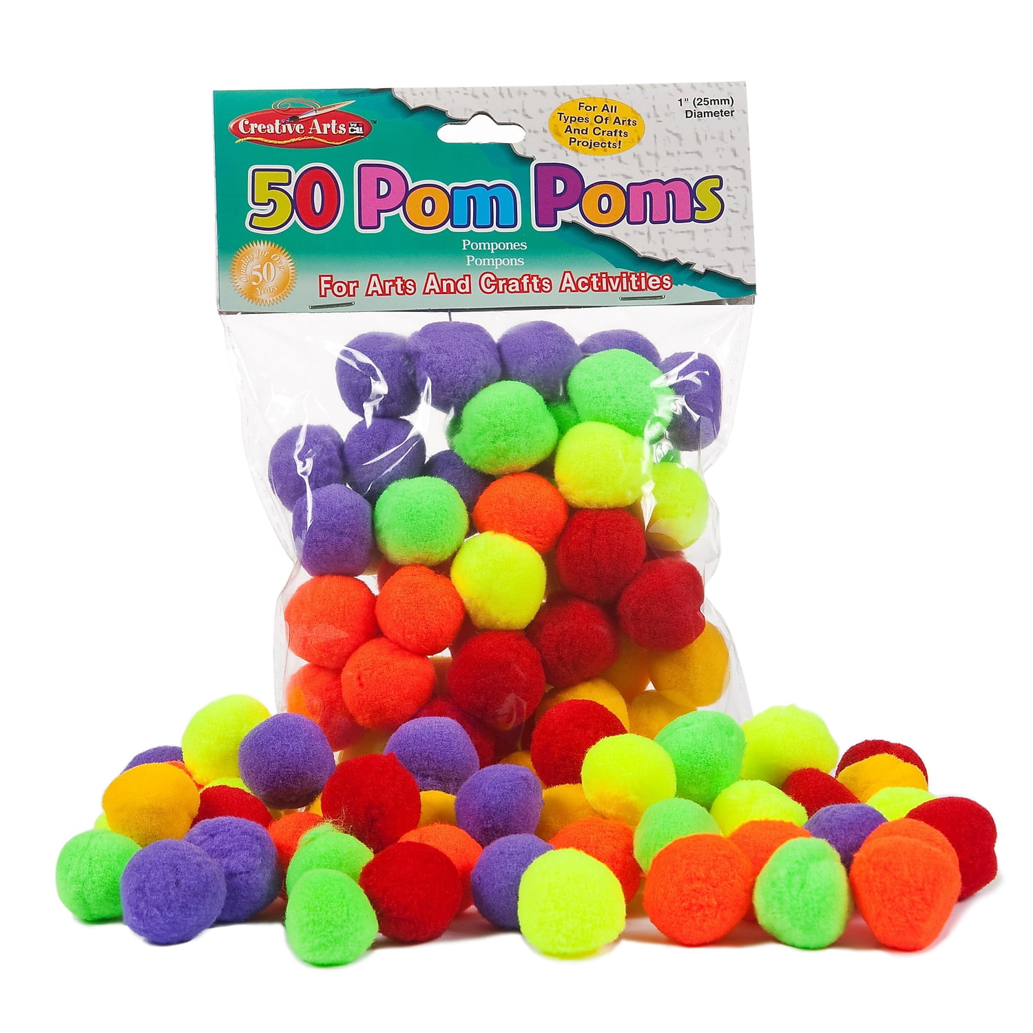Charles Leonard Pom-Poms 1", Assorted Hot Colors, 50 Per Pack, 12 Packs