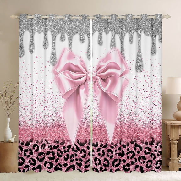 Homewish Pink Bowknot Kitchen Curtains for Princess Girls, Glitter Cheetah Print Black Out Curtains Pack of 2 (42x63 Each)