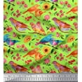 thumbnail image 1 of Soimoi Green polyester Crepe Fabric Dot,Sunflower & American Robin Bird Decor Fabric Printed BTY 42 Inch Wide, 1 of 3