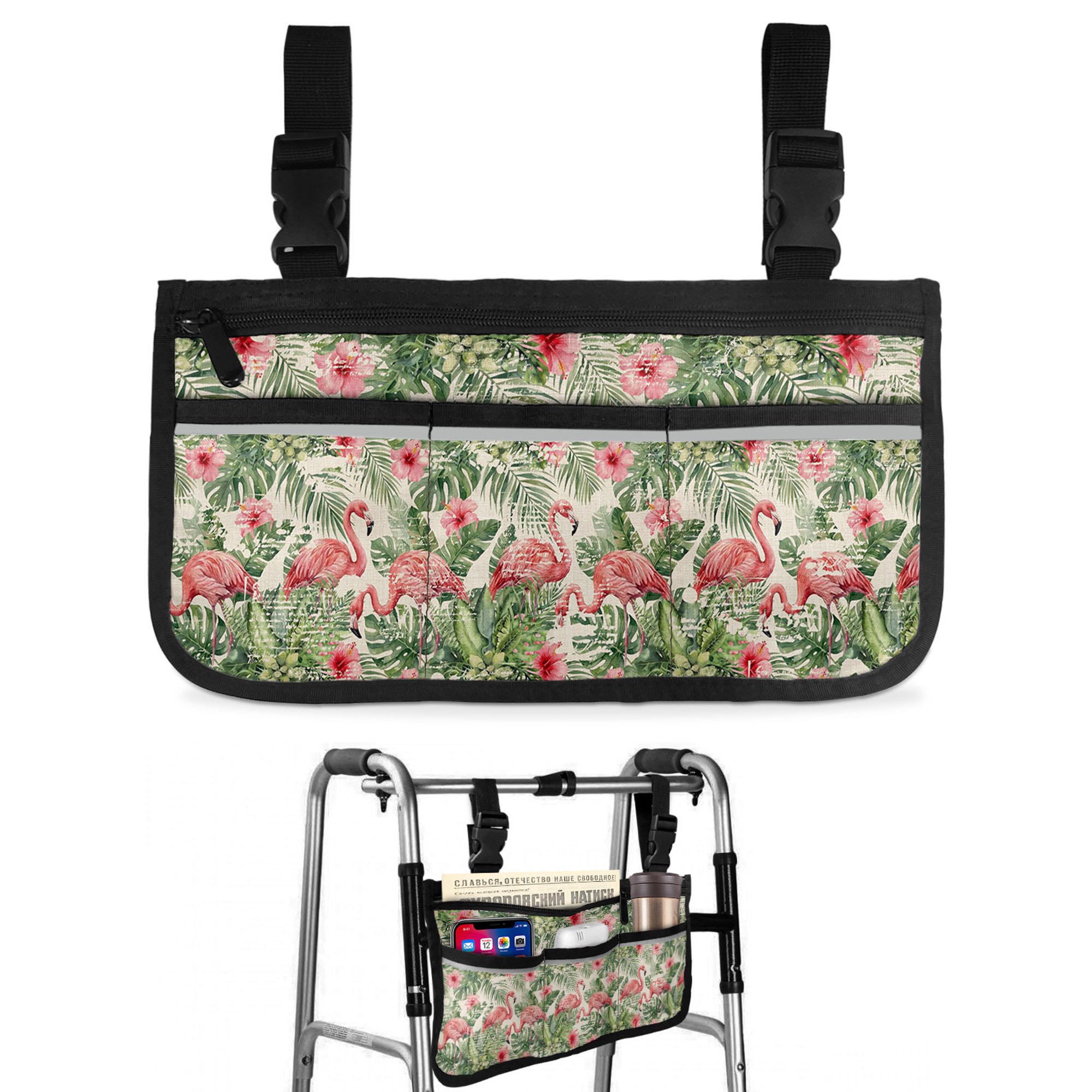 Pink Flamingo Wheelchair Side Bag with Cup Holder, Tropical Leaf Palms Banana Leaves Jungle Retro Wheelchair Armrest Bag Storage Pouch Adults, Seniors for Walkers, Rollator, Scooter