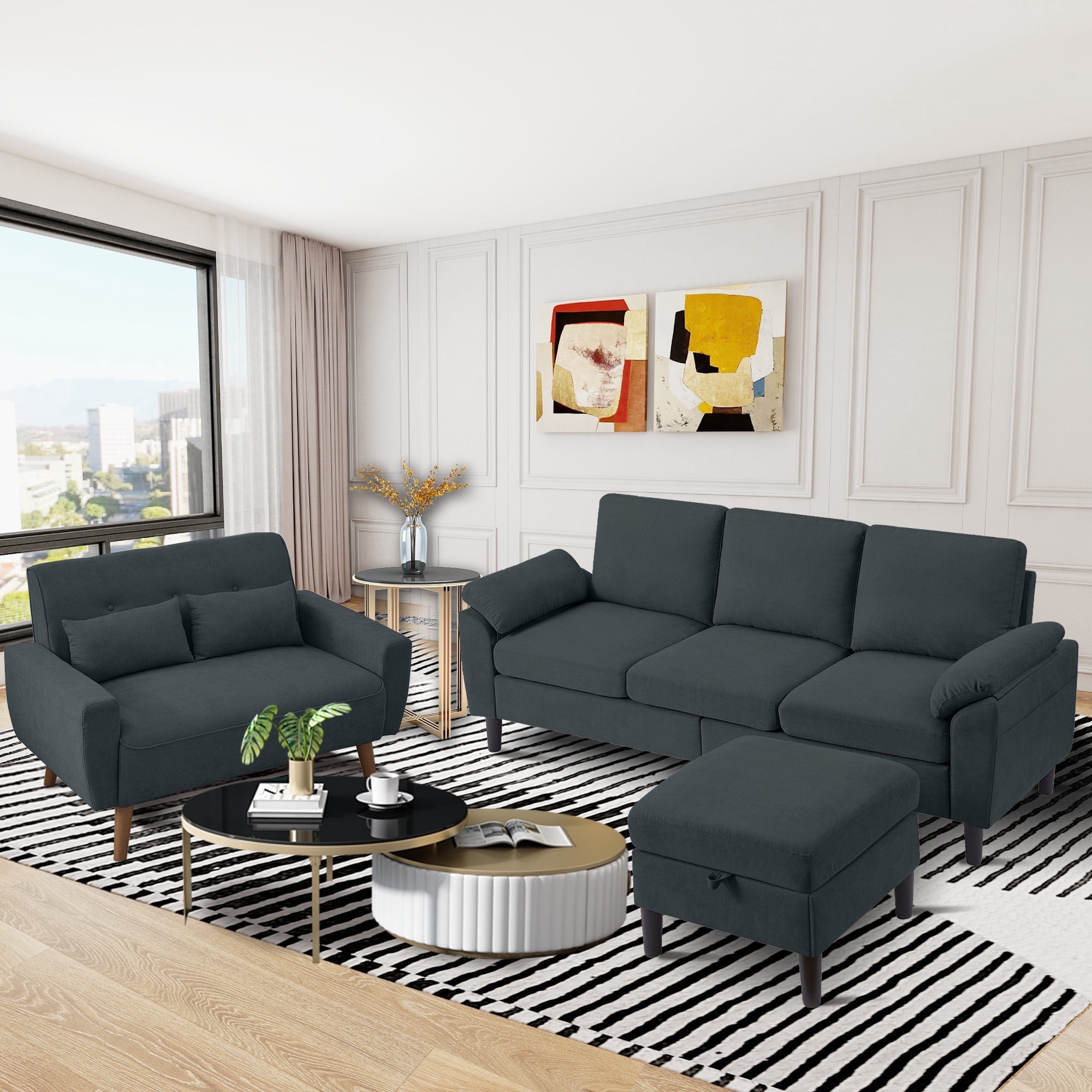 Jarenie Comfortable Modern Linen L Shaped Darkgrey Sectional Sofa Set