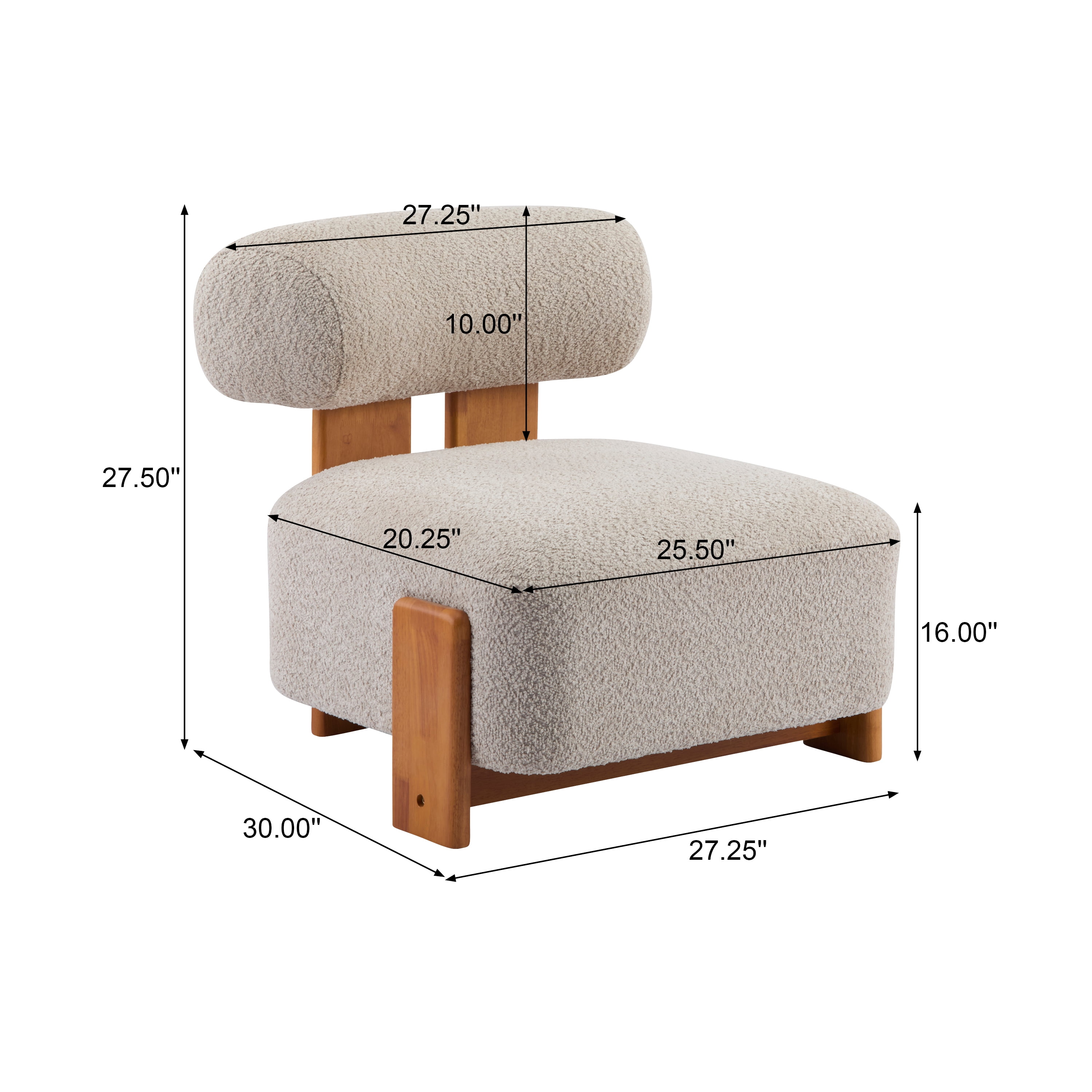 Boucle Lounge Chair 27.25 Inch, Solid Wood Frame with Rolled Backrest for Living Room Bedroom Office, Almond
