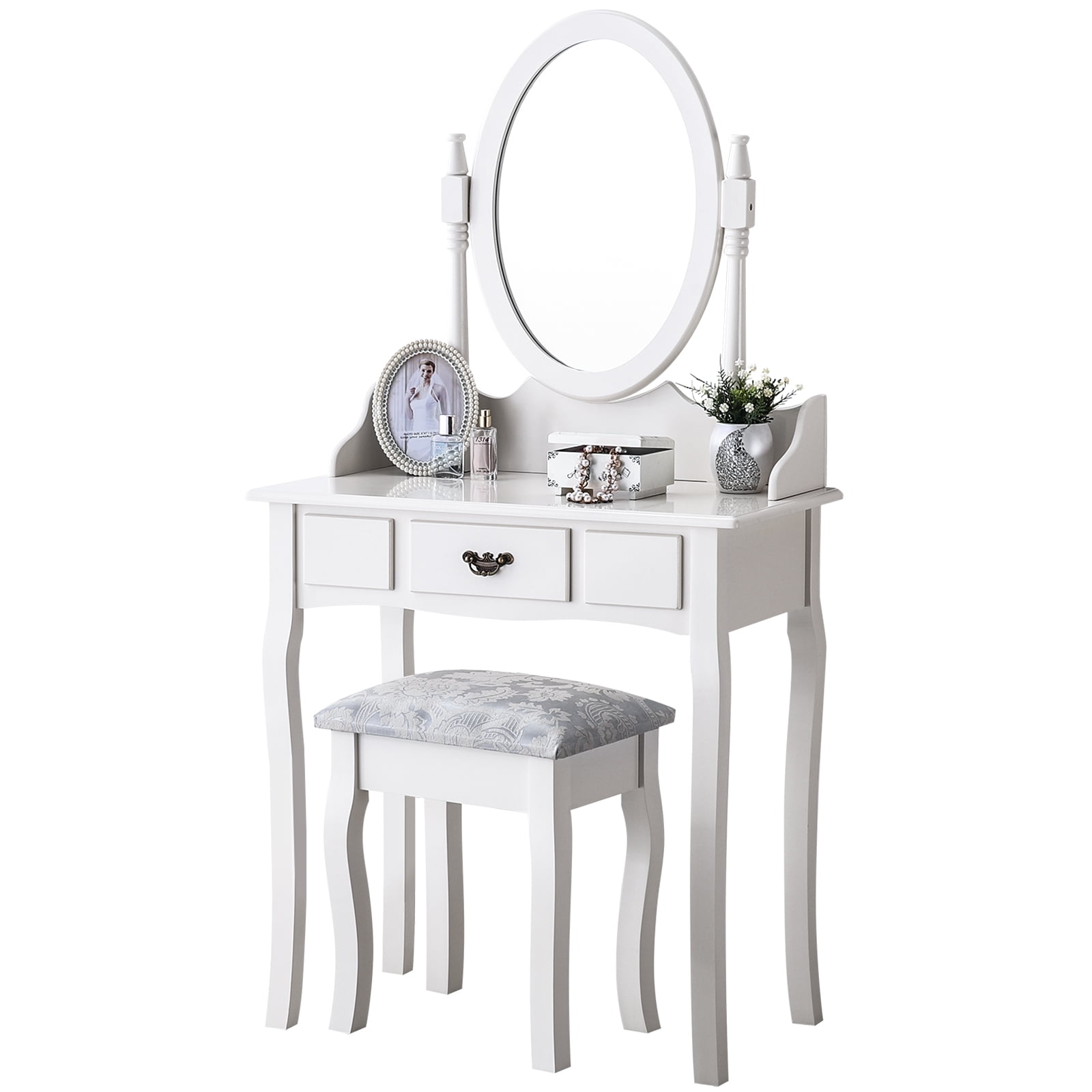 Drssing Tables Set with 4 Drawers White Vanity Table Set wirh 3 Mirrors mecor Dressing Tables with Stool Makeup Dressing Table for Bedroom
