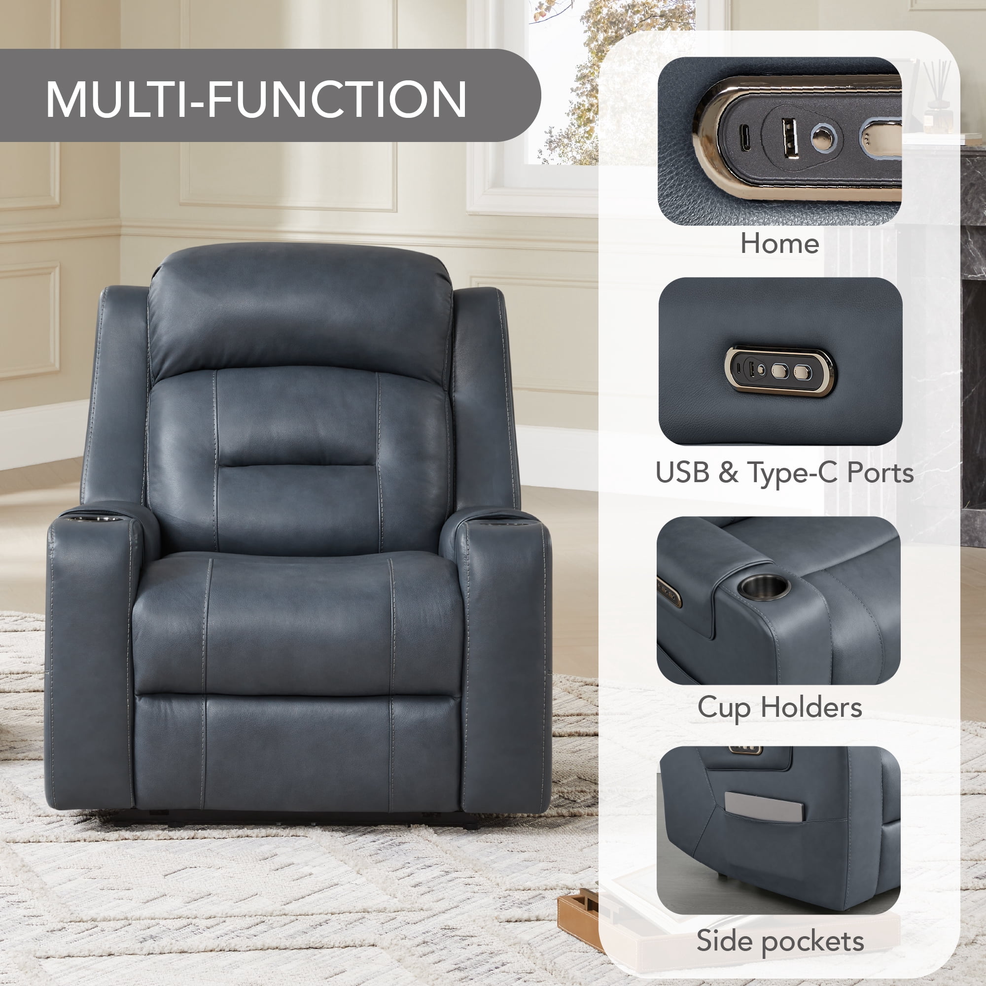 Spruce & Spring Lay-Flat Genuine Leather Power Recliner Chair with Headrest, Navy