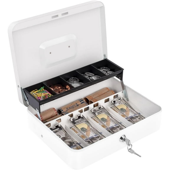 Cash Box with Money Tray and Lock, Money Box for Cash, Cash Register for Small Businesses, Metal Lock Box for Money 11.8" x 9.4" x 3.54" White