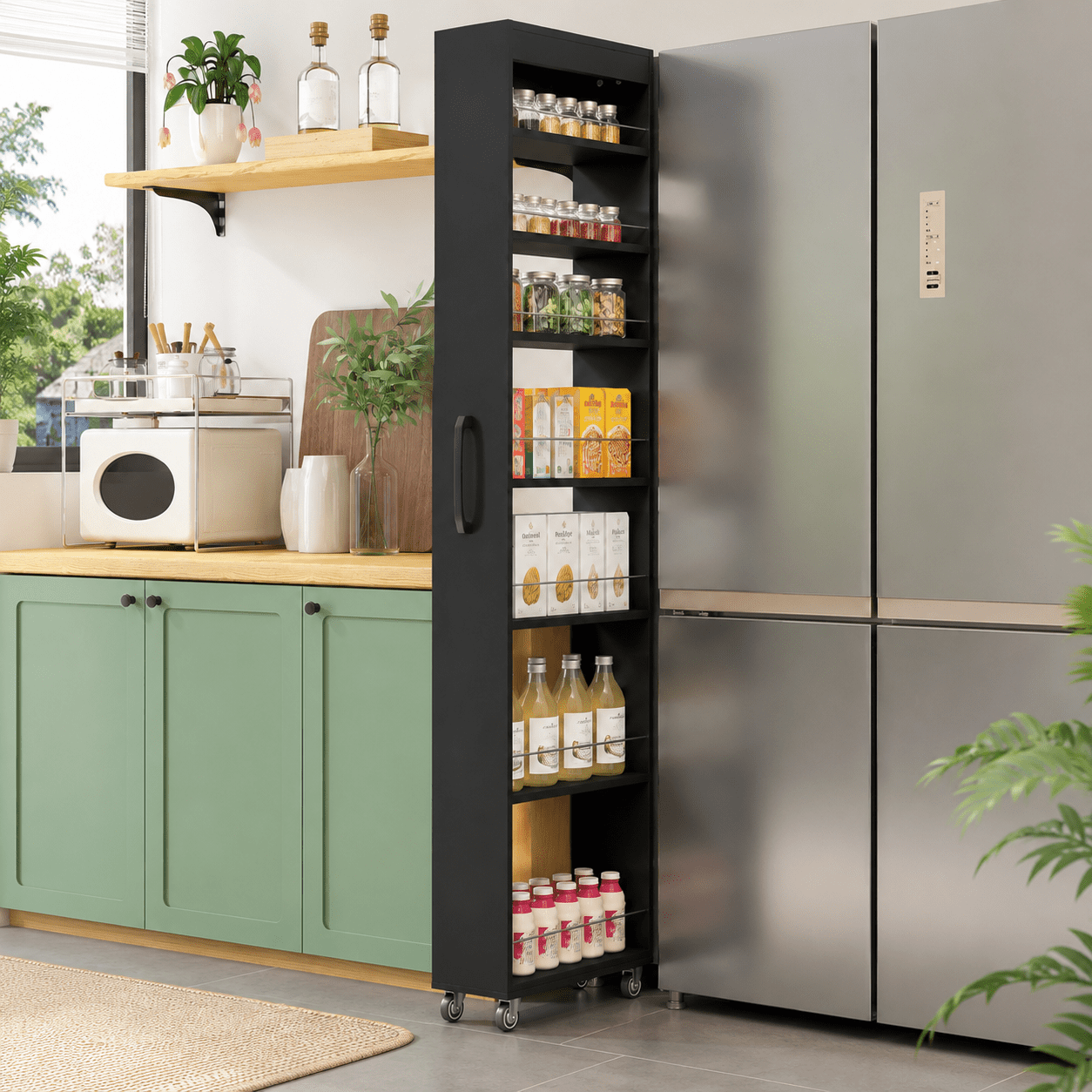 Aukfa 7-Tier Slim Rolling Pantry Cabinet, 70.7" Narrow Pull-Out Kitchen Storage Cart with Handle and Casters,Black