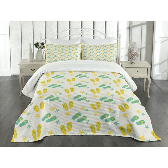 Ambesonne Geometric Quilted Bedspread Set 3 Pcs, Sandals and Starfish, King Size, Seafoam Yellow White