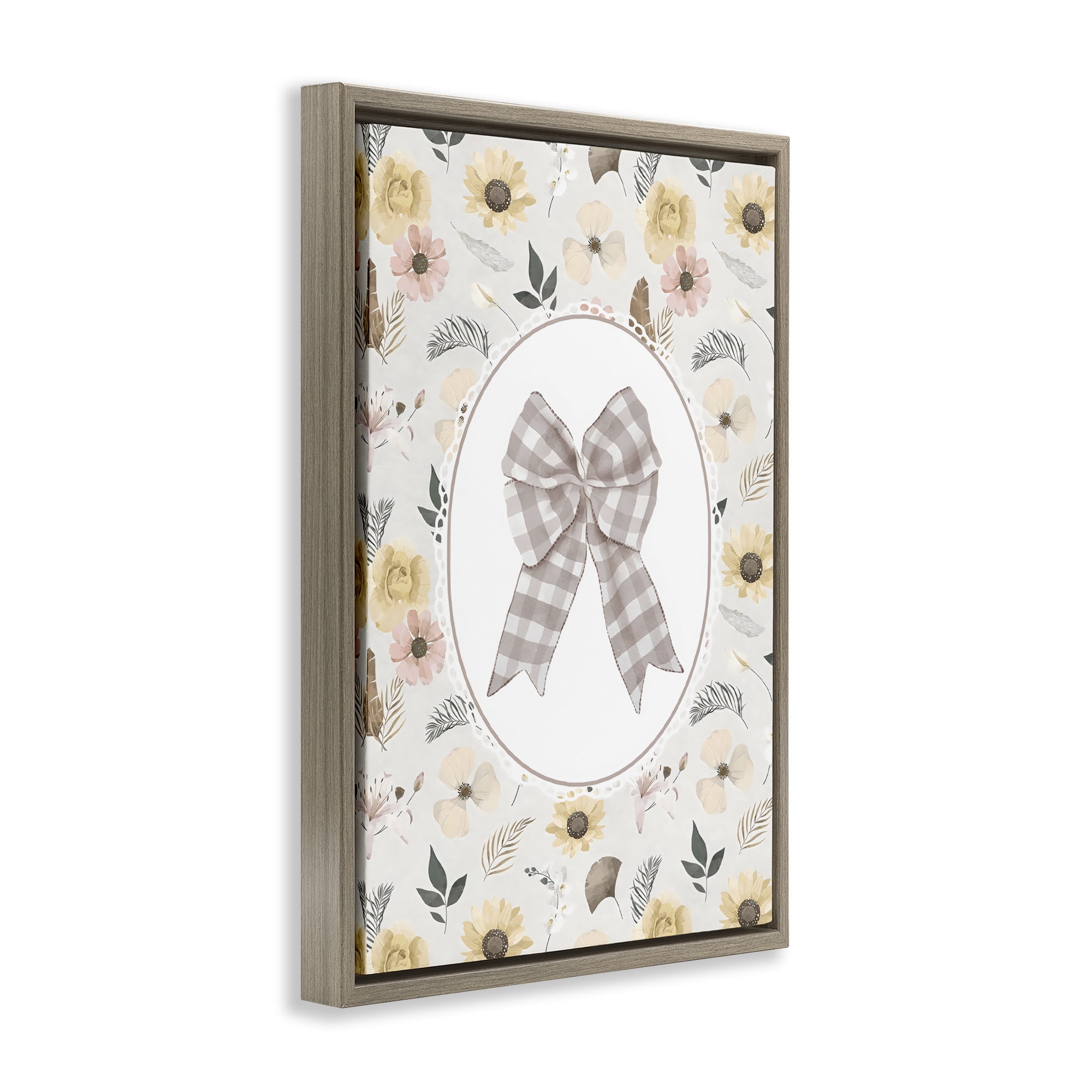 Stupell Industries Sunnyside Bow in Gingham Brown Framed Floater Canvas Wall Art, design by Ink Drop Loft