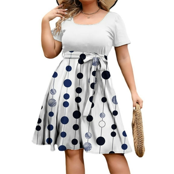 Abcomgle 4x Dress for Women Plus Size Casual Empire Waist Straped Tshirt Dress for Women Vintage Polka Dot A Line Dresses Short Sleeve Square Neck Modest Sundresses for Women,3XL