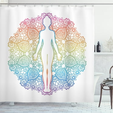 Rainbow Mandala Shower Curtain, Yoga Themed Meditating Woman Outline with Mandala Patterned Background, Fabric Bathroom Set with Hooks, 69W X 84L Inches Extra Long, Multicolor, by Ambesonne