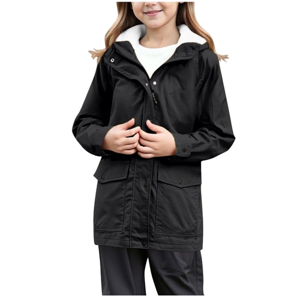 dmqupv Rain Jacket Baby Girl Kids Rain Jacket Boys Girls Fleece Sharpa Raincoat Full Zip Up Youth Button Coat Hooded Windbreaker Black,Size for 10-11 Years