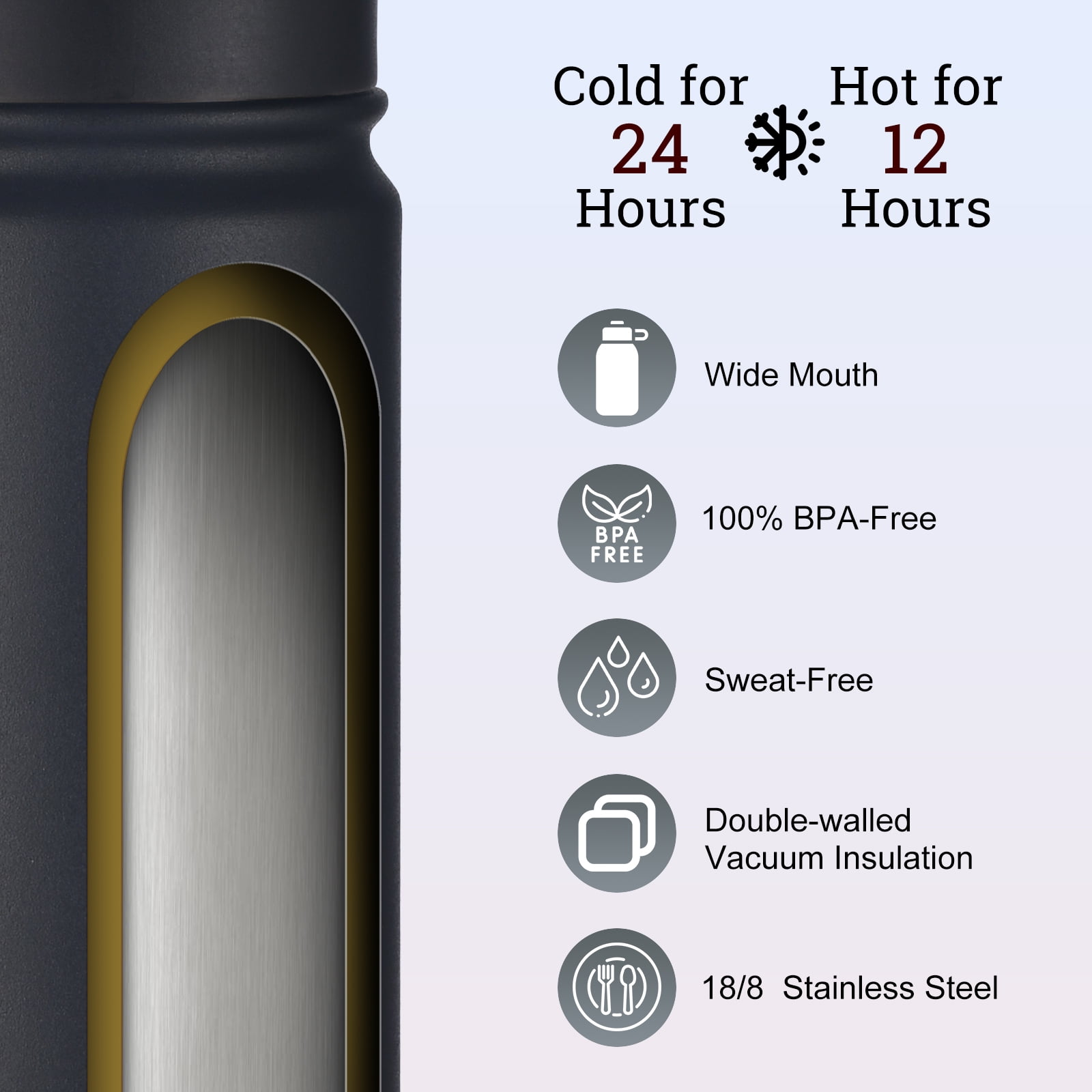 Mininoo 24 oz Insulated Stainless Steel Water Bottle with Straw Lid, Black