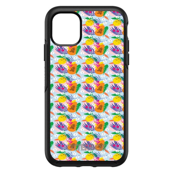 DistinctInk Case for iPhone 15 (6.1" Screen) - OtterBox Symmetry Custom Black Case - Summer Vibes Floral Pattern Orange Blue Green