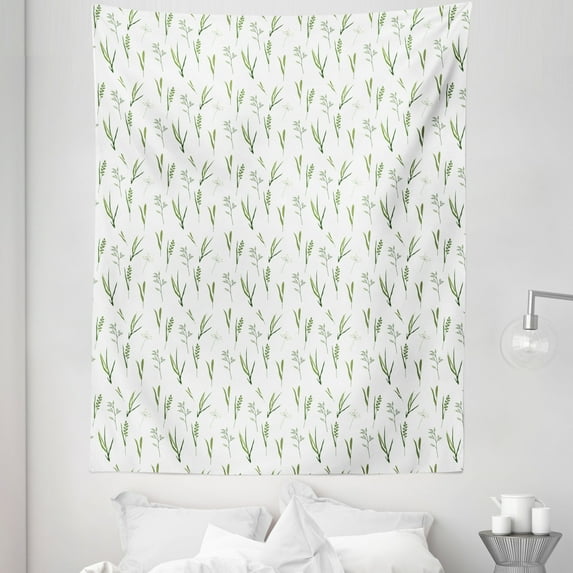 Botanical Tapestry, Simple Modern Nature Art Style Isolated Greenery Leaf Branches Twigs, Fabric Wall Hanging Decor for Bedroom Living Room Dorm, 5 Sizes, White Pale Olive Green, by Ambesonne