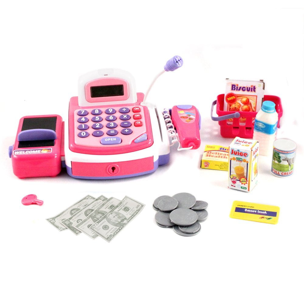Kids Pretend Play Electronic Cash Register Toy Realistic Actions Sounds With Mic 