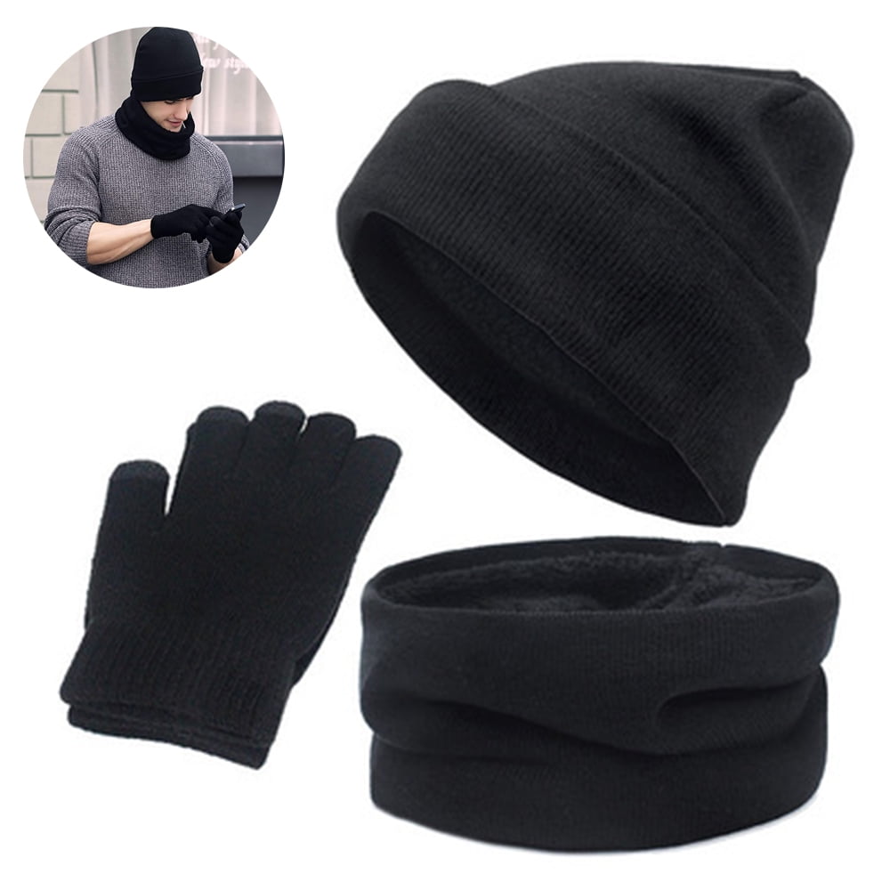 Black Beanie Hat and Gloves Thermal One Size 