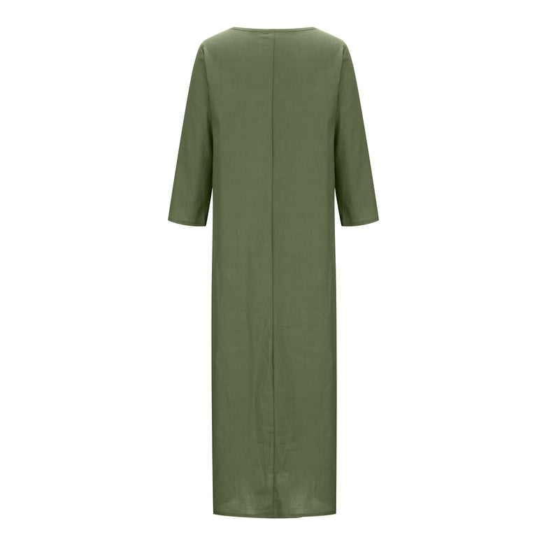 Mnyycxen Linen Dress for Womens Casual Loose Cotton Boho Maxi Dress Round Neck 3/4 Sleeve Fall Flowy Long Dress, Women's, Size: Small, Black