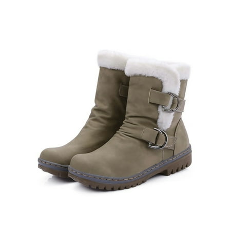 

Difumos Ladies Cold Weather Round Toe Mid Calf Boot Fashion Plush Lining Snow Boots Walking Army Green 39