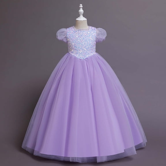 Zpanxa Toddler Girls Princess Dress, Little Girls Party Wedding Formal Dresses, Evening Puff Sleeve Sequin Dress, Kids Pageant Flower Girl Dress, Birthday Gifts for Girls Purple (13-14 Years)