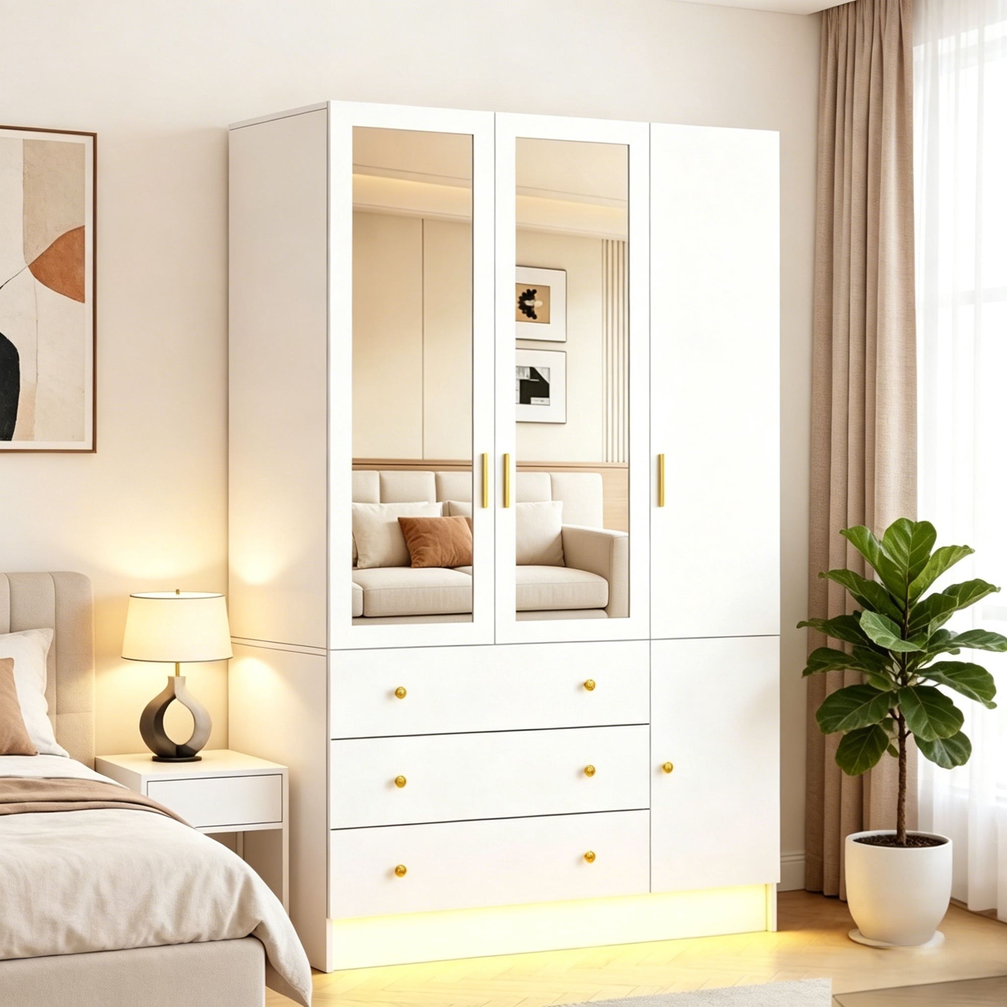 JassmiPkwy 75" Tall 4-Door Armoire Wardrobe Closet with 3 Drawers & 2 Mirrors, Modern Wooden Bedroom Armoires with Hanging Rod and LED Lights for Bedroom, White