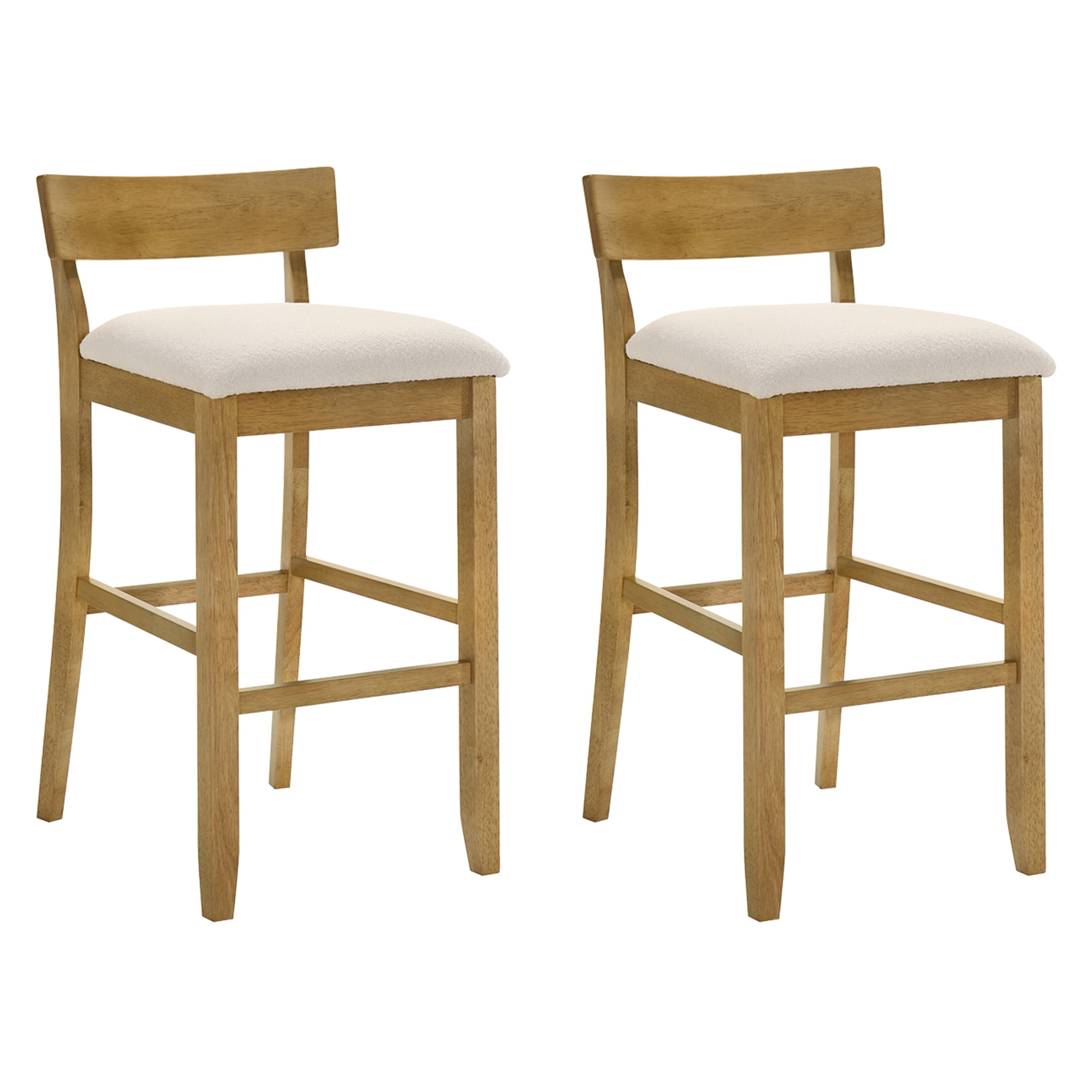 Merie Modern Transitional Wood Bar Height Kitchen Bar Stool in Amber Glow Finish with White Boucle Fabric Upholstered Seat - Set of 2