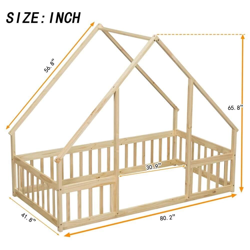 Twin Floor Bed, Wooden Montessori Bed Frame with Roof and Fence Guardrails, Natural
