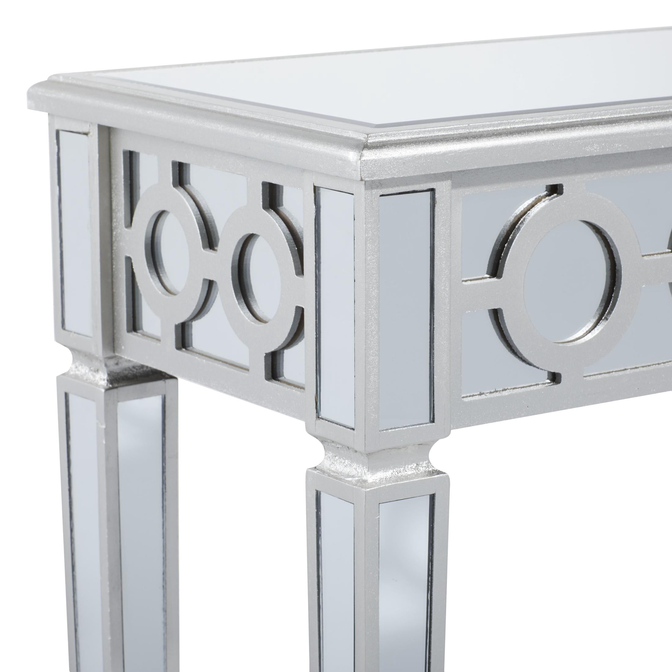 DecMode 47" x 32" Silver Glass Mirrored Geometric Console Table with Circular Panel Inlay, 1-Piece