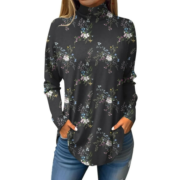 TQWQT Mock Turtle Necks Tops for Women Plus Size Floral Printed Tunic Top Long Sleeve Loose Fit Shirt Fall Mockneck T-Shirt Curved Hem Graphic Tee Black 2XL