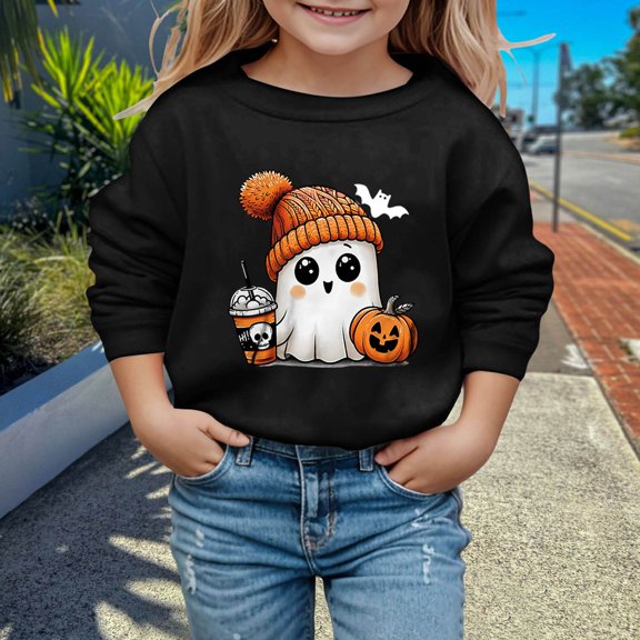 FASHOFT Gilrs Halloween Sweatshirt Pumpkin Ghost Graphic Hoodies Toddler Shirt Crewneck Long Sleeve Fall Tops Black 3-4 Years