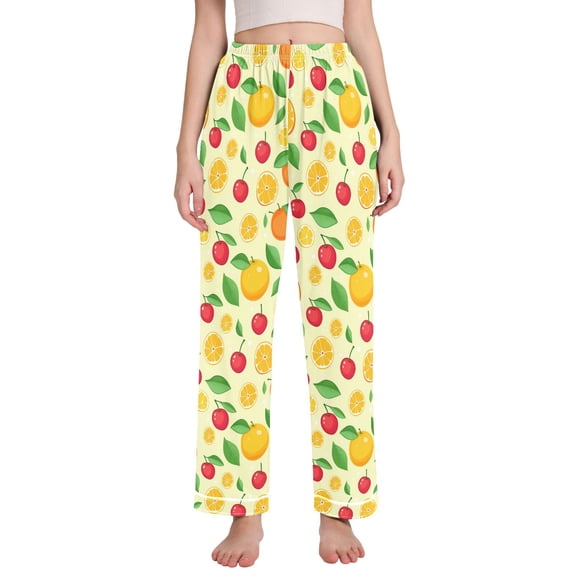 Dailycode Women's Pajama Pants Wide Leg Lounge Pj Bottoms With Pockets Orange Cherry Leaf