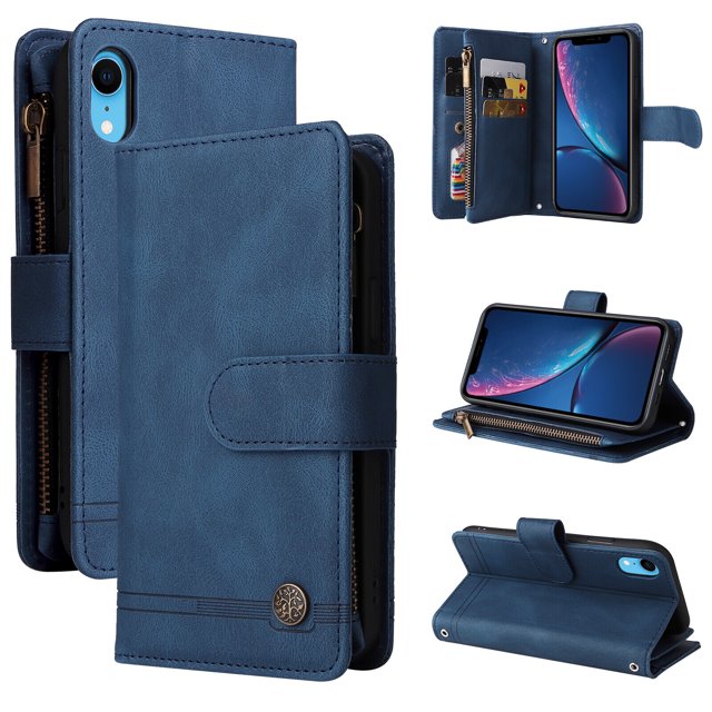 Case for iPhone XR Cover Zipper Pocket Wallet Case Magnetic Protective - Blue