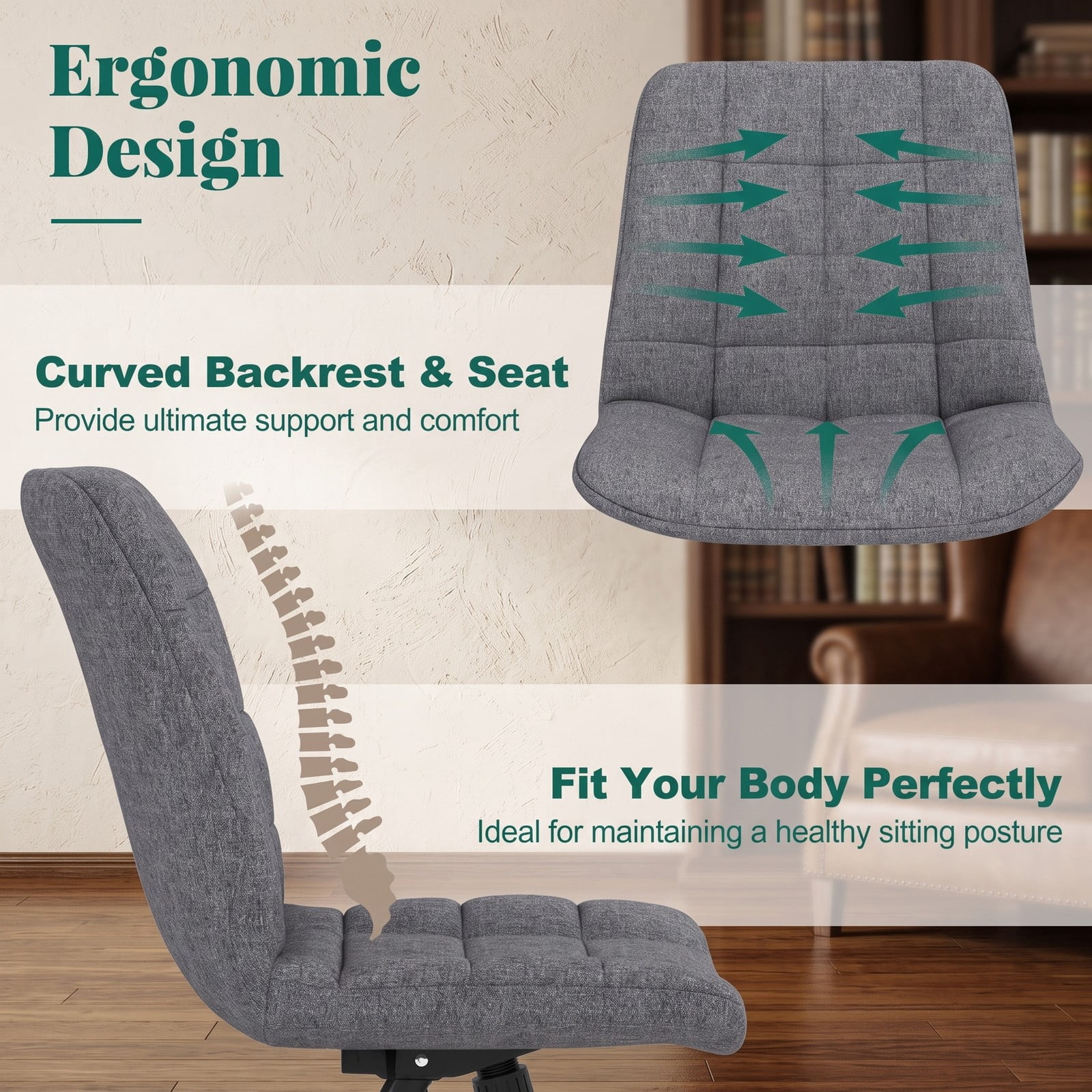 Furnibear Armless Office Chair, Upholstered Makeup Vanity Chair with Adjustable Height, 15° Rocking, Swivel Task Desk Chair with 5 Wheels and Metal Base for Home, Grey