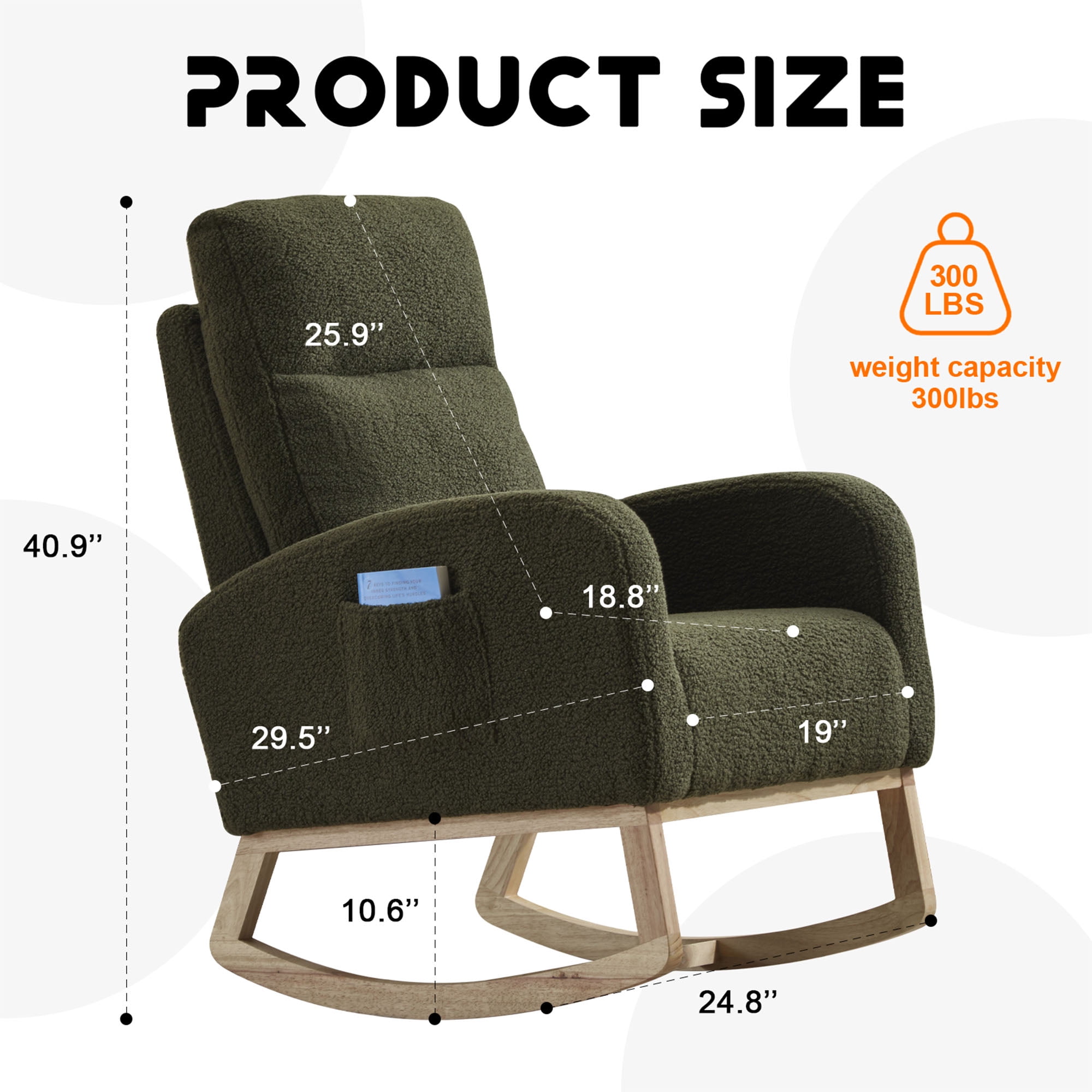 Modern Rocking Chair with High Back & Side Pocket, Nursery Glider Upholstered Armchair, 300 lbs Capacity