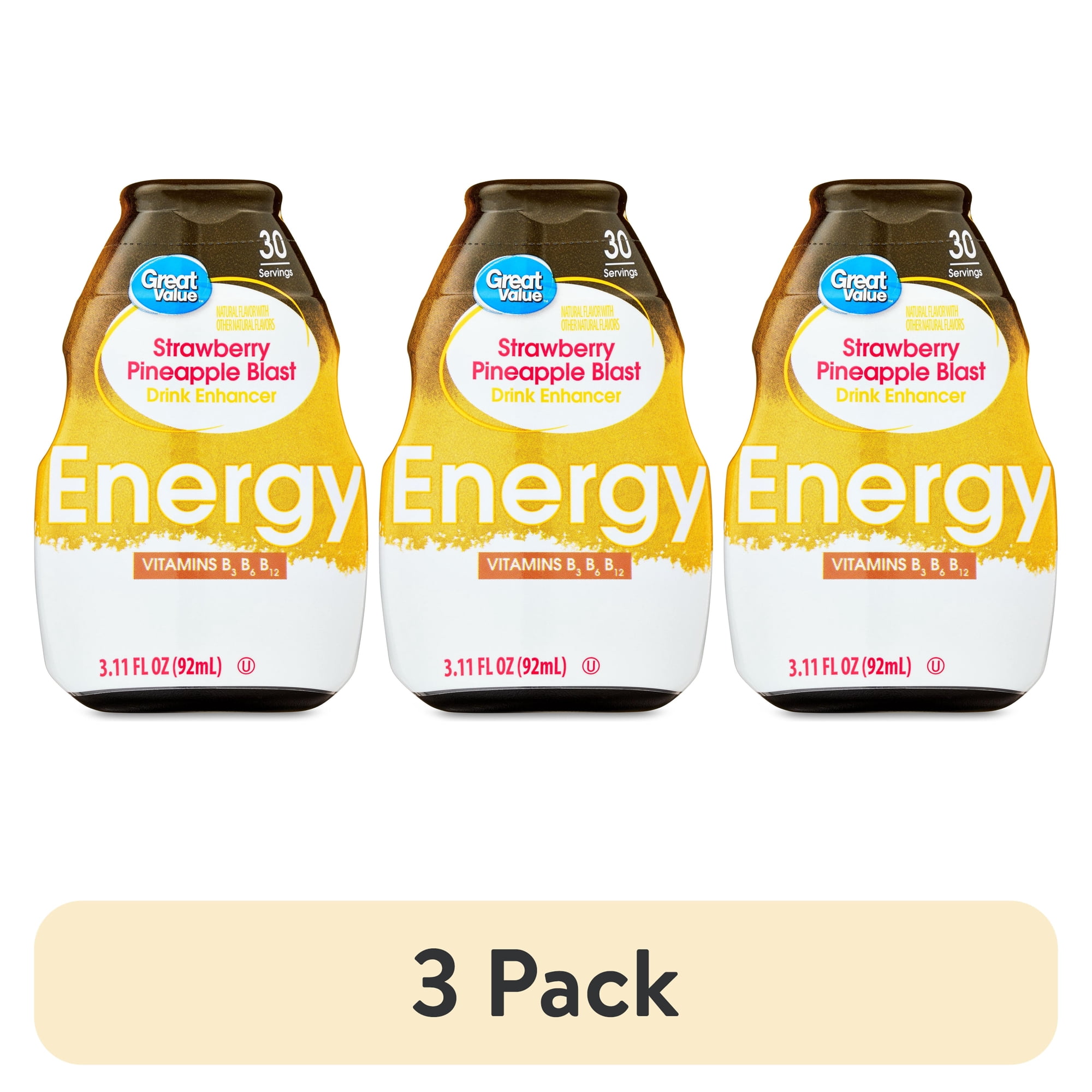 (3 pack) Great Value Strawberry Pineapple Energy Drink Enhancer, 3.11 fl oz Bottle