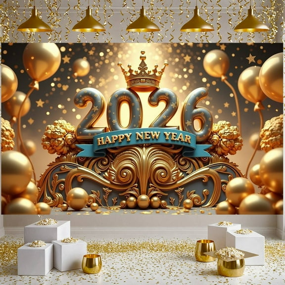 Golden Theme Happy New Year Banner Shiny Stars 2026 New Year Display Blue Ribbon Crown Decor New Year Backdrop for New Year Party 2026 Celebration Indoor Decoration